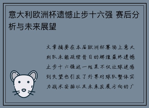意大利欧洲杯遗憾止步十六强 赛后分析与未来展望 意大利欧洲杯遗憾止步十六强 赛后分析与未来展望